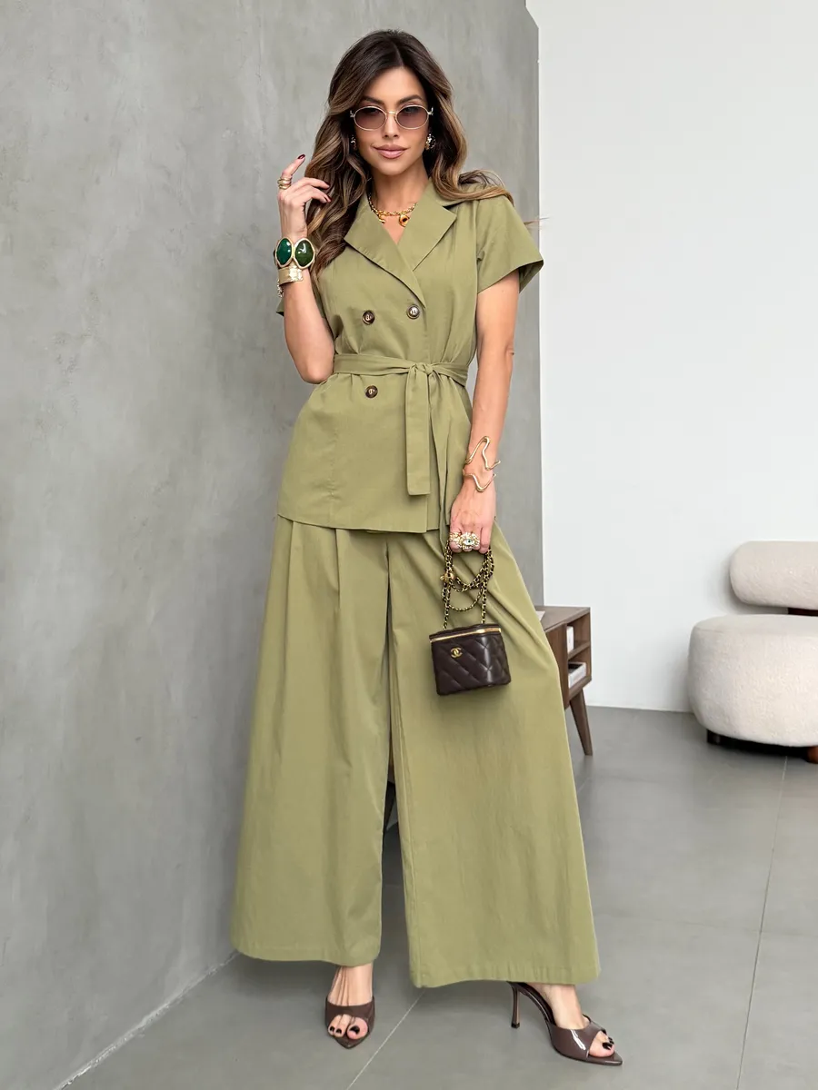 Хаки костюм с брюками палаццо деловой офисный