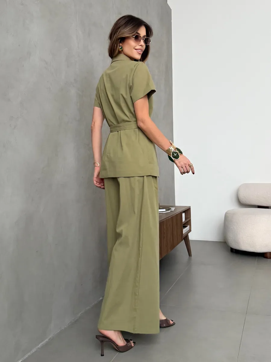 Хаки костюм с брюками палаццо деловой офисный