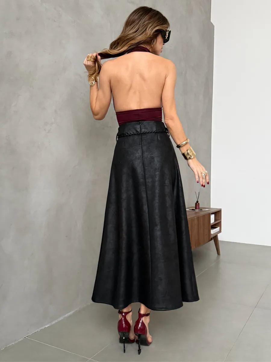 Черная длинная юбка макси под замшу экокожу