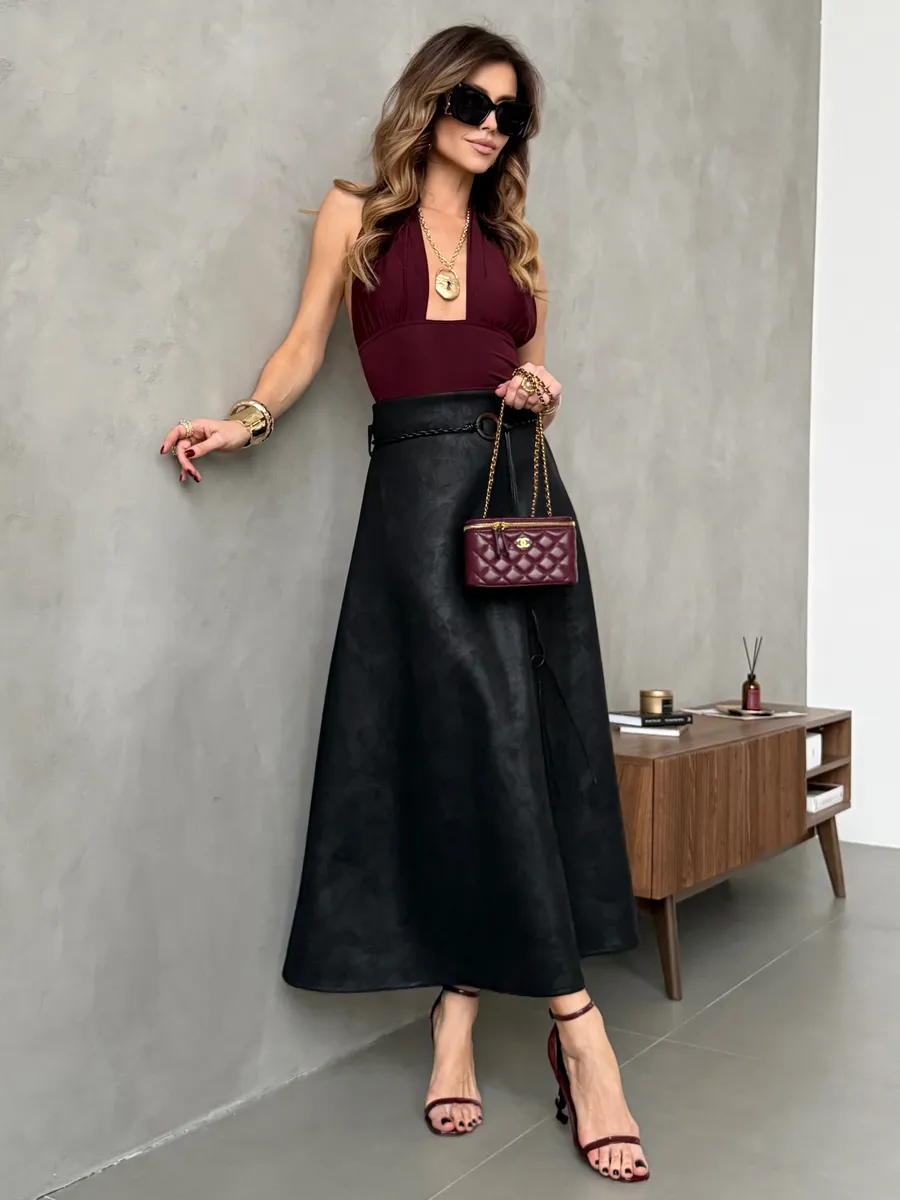 Черная длинная юбка макси под замшу экокожу