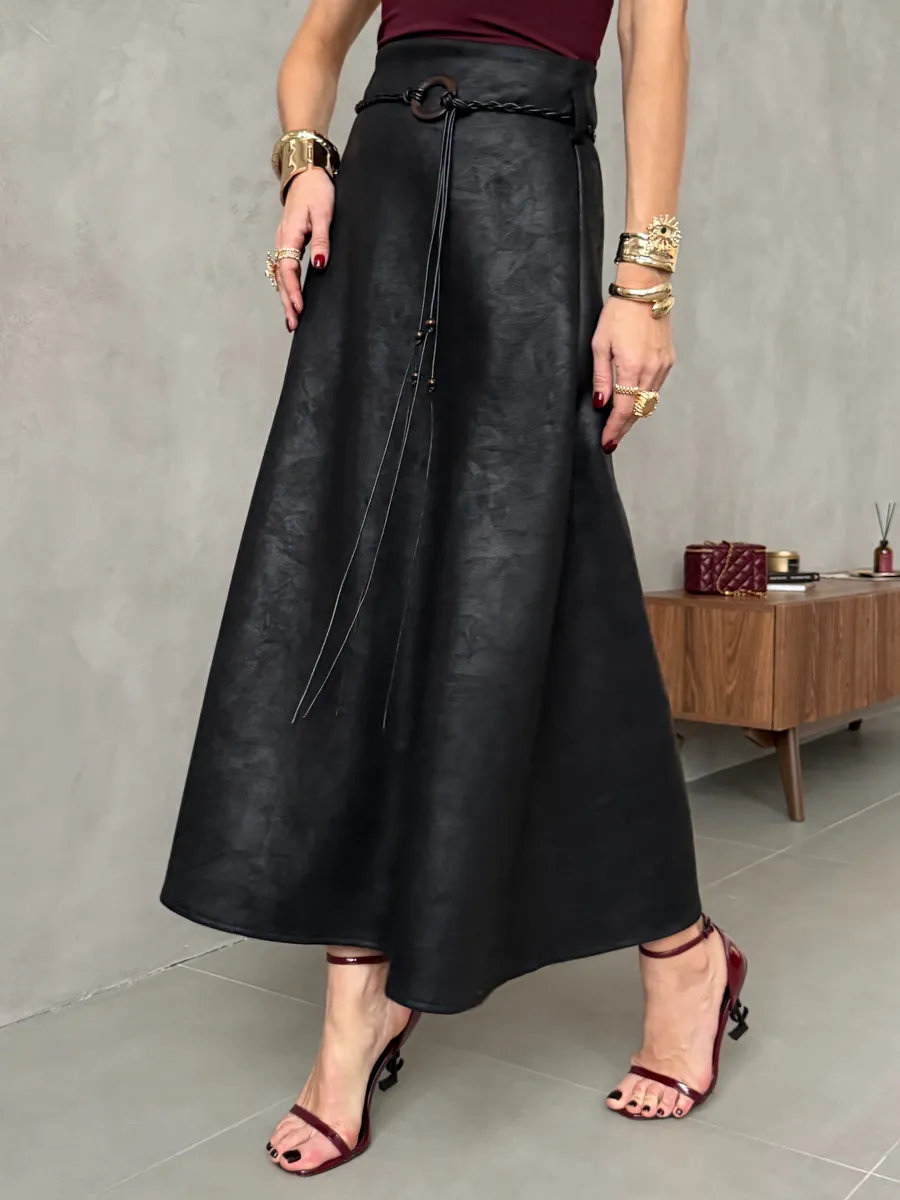 Черная длинная юбка макси под замшу экокожу