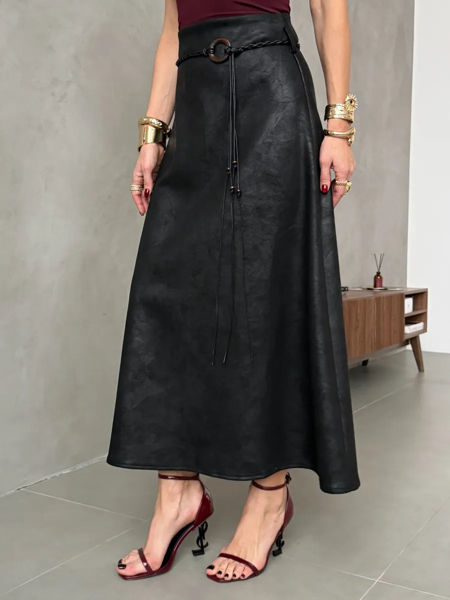 Черная длинная юбка макси под замшу экокожу