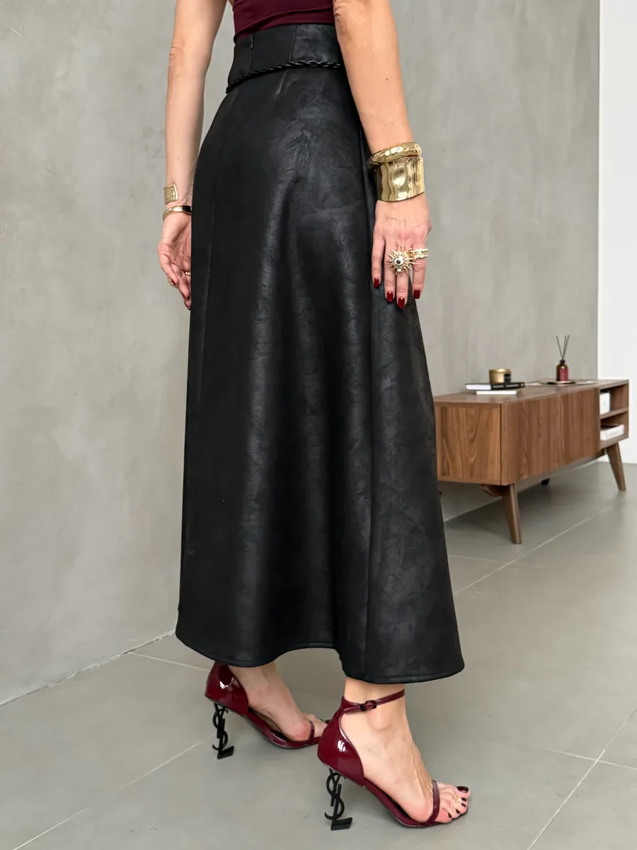 Черная длинная юбка макси под замшу экокожу