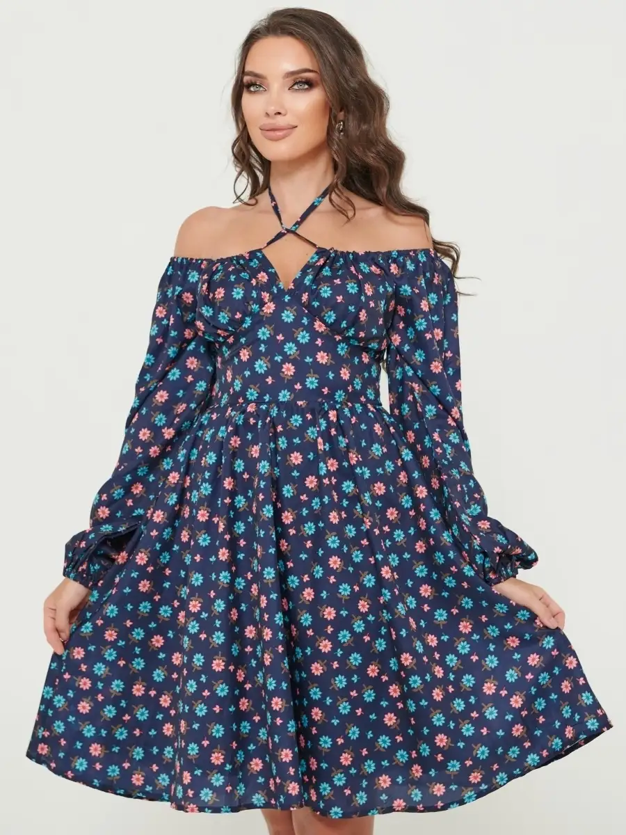 Черное платье женское с цветочным принтом