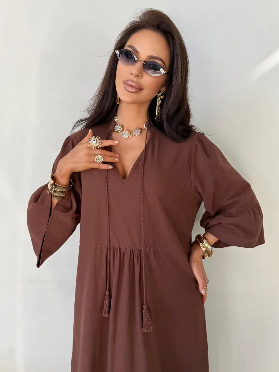 Коричневое летнее длинное платье макси в стиле бохо