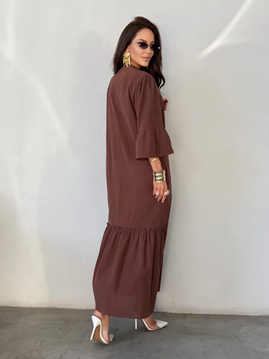 Коричневое летнее длинное платье макси в стиле бохо