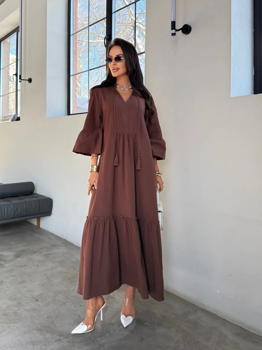 Коричневое летнее длинное платье макси в стиле бохо