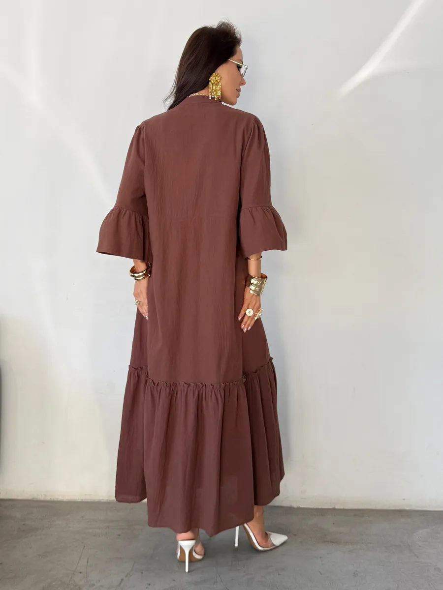 Коричневое летнее длинное платье макси в стиле бохо