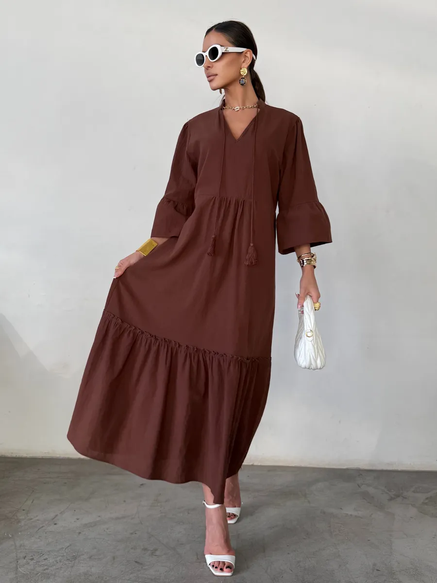 Коричневое летнее длинное платье макси в стиле бохо