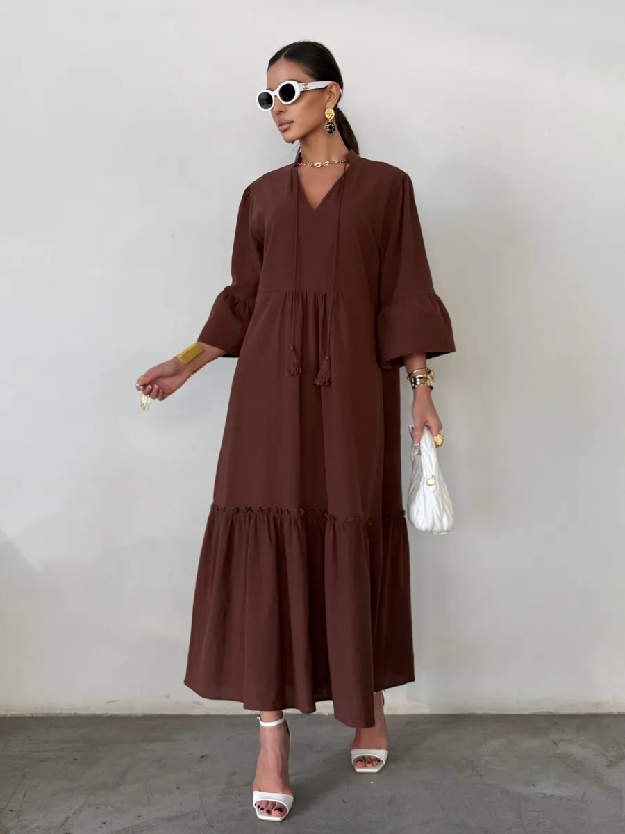 Коричневое летнее длинное платье макси в стиле бохо