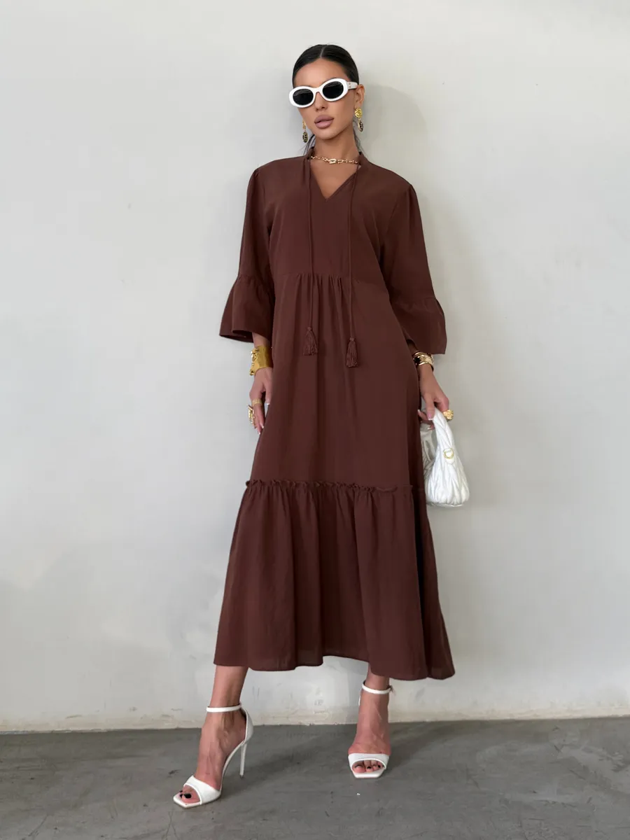 Коричневое летнее длинное платье макси в стиле бохо