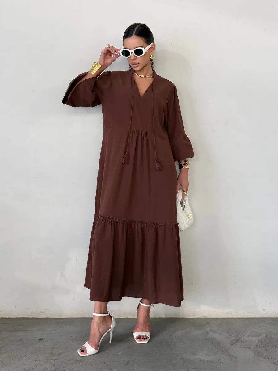 Коричневое летнее длинное платье макси в стиле бохо