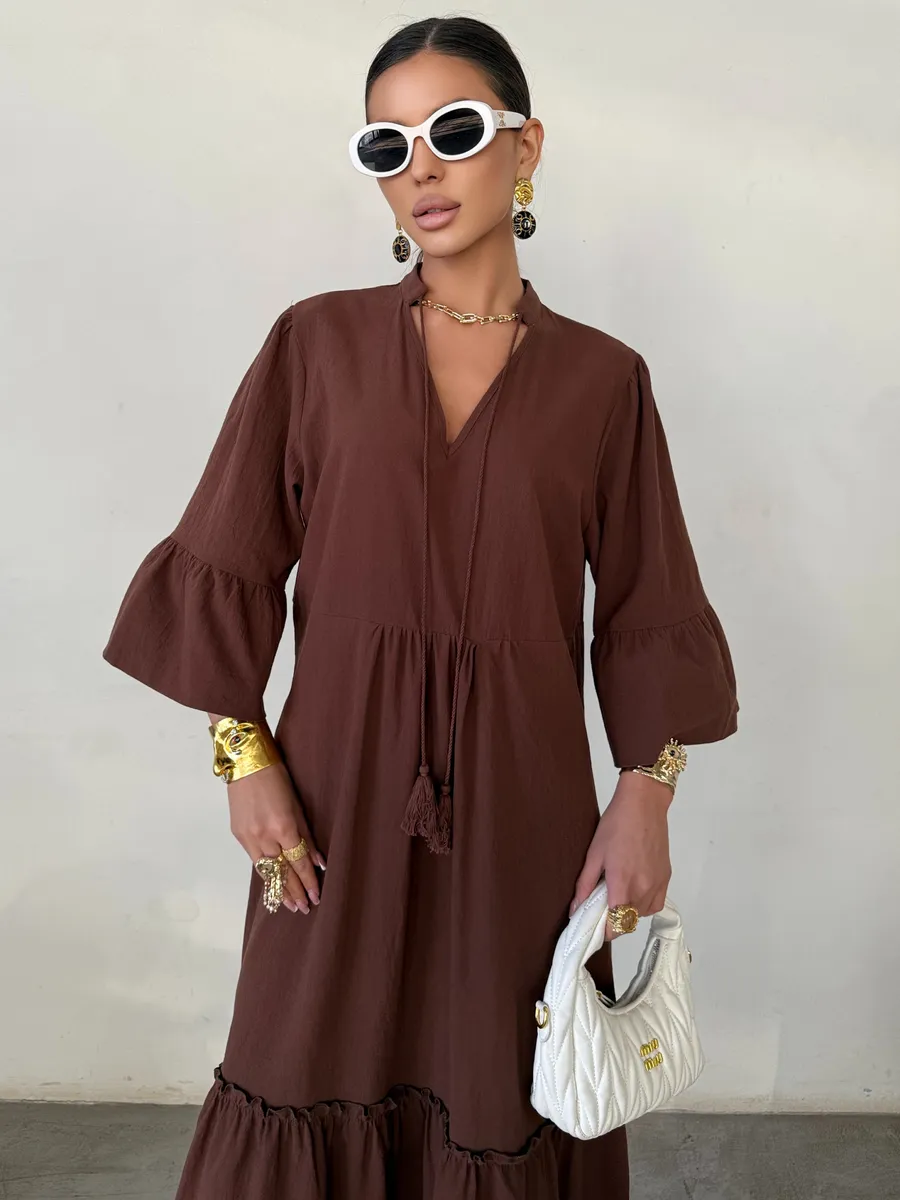 Коричневое летнее длинное платье макси в стиле бохо