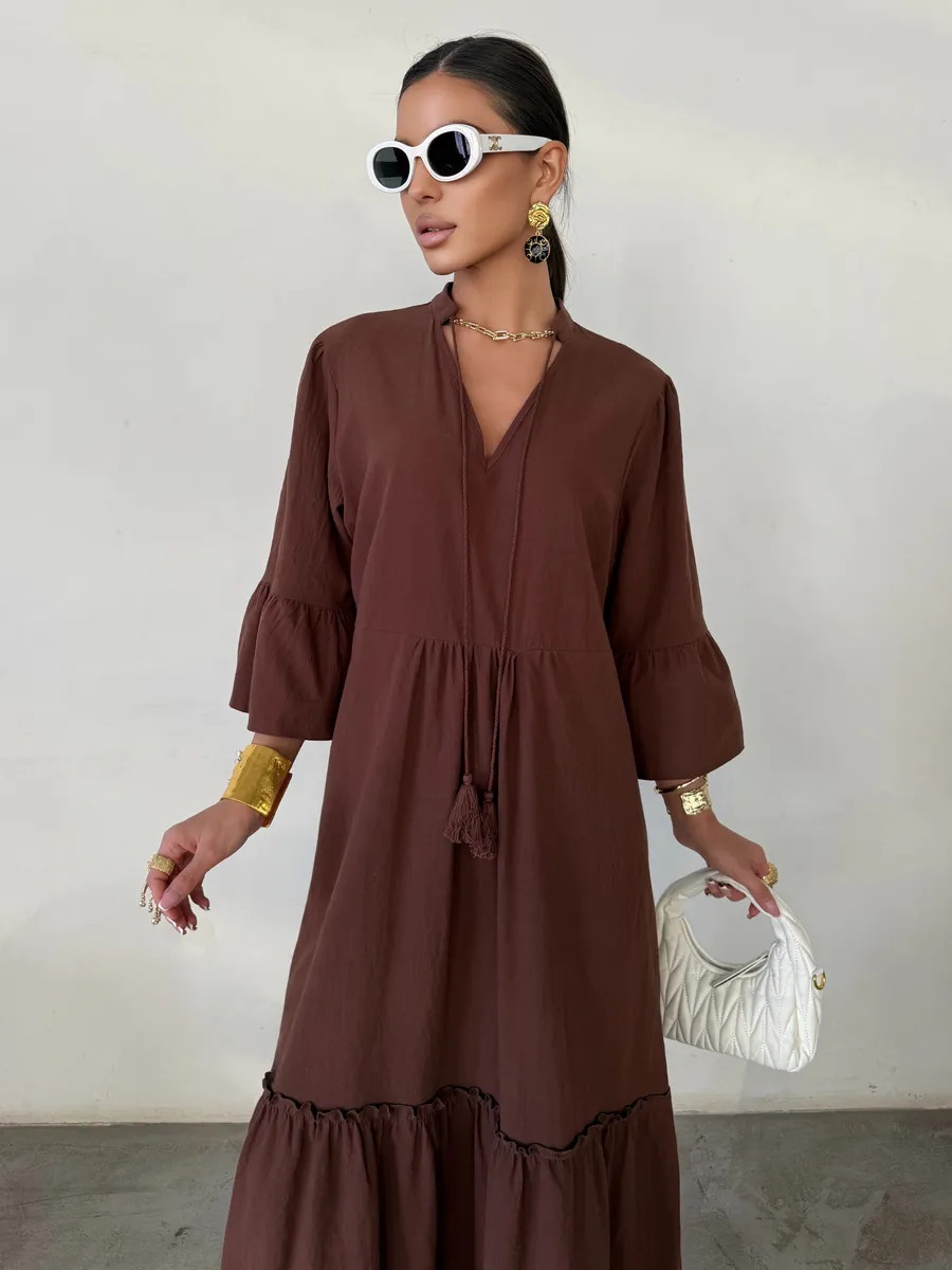 Коричневое летнее длинное платье макси в стиле бохо
