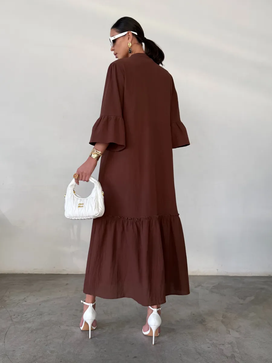 Коричневое летнее длинное платье макси в стиле бохо