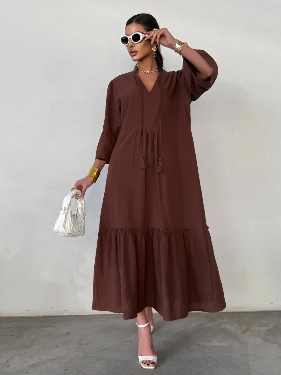 Коричневое летнее длинное платье макси в стиле бохо