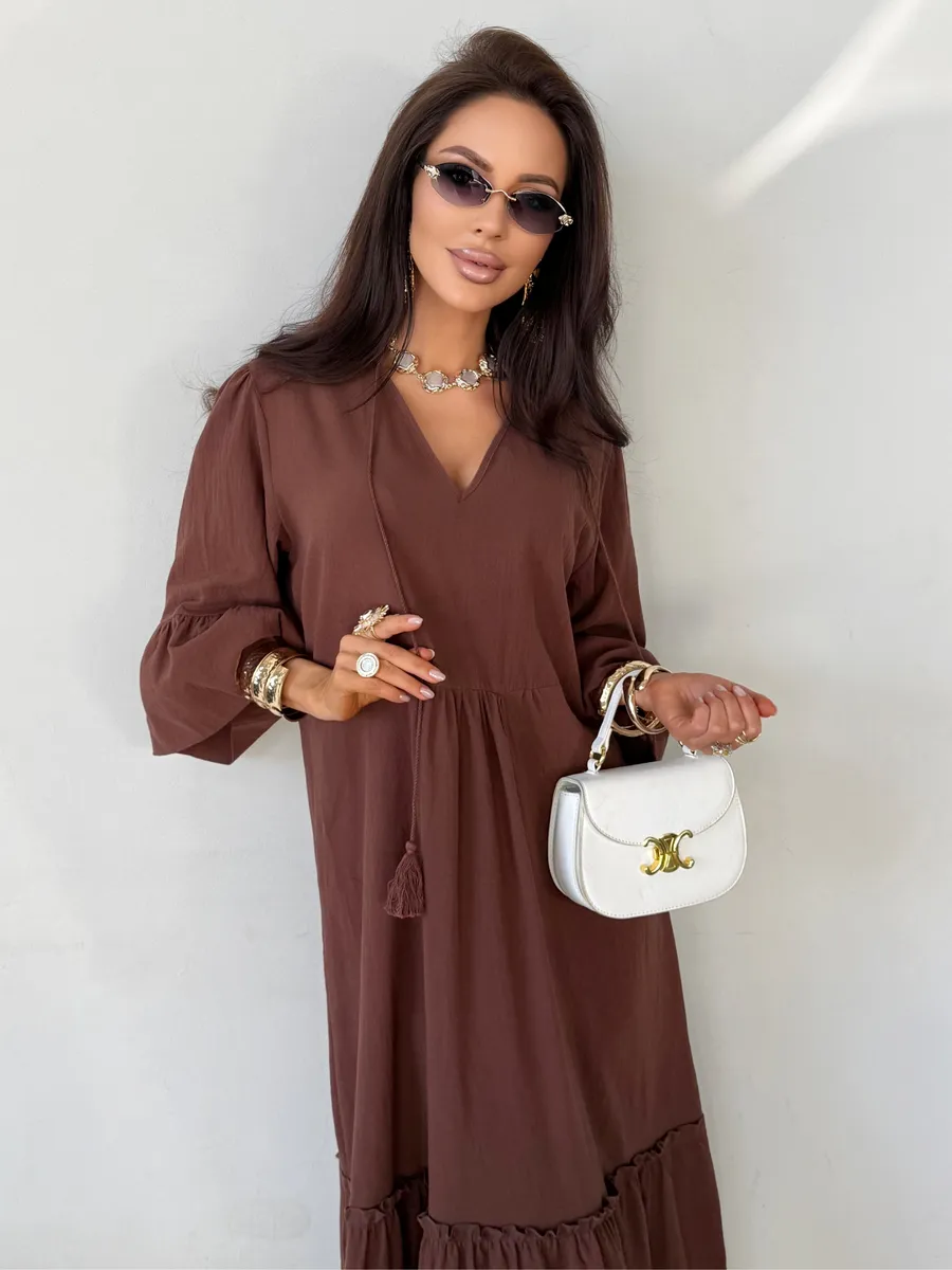 Коричневое летнее длинное платье макси в стиле бохо