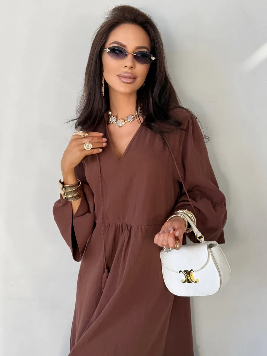 Коричневое летнее длинное платье макси в стиле бохо