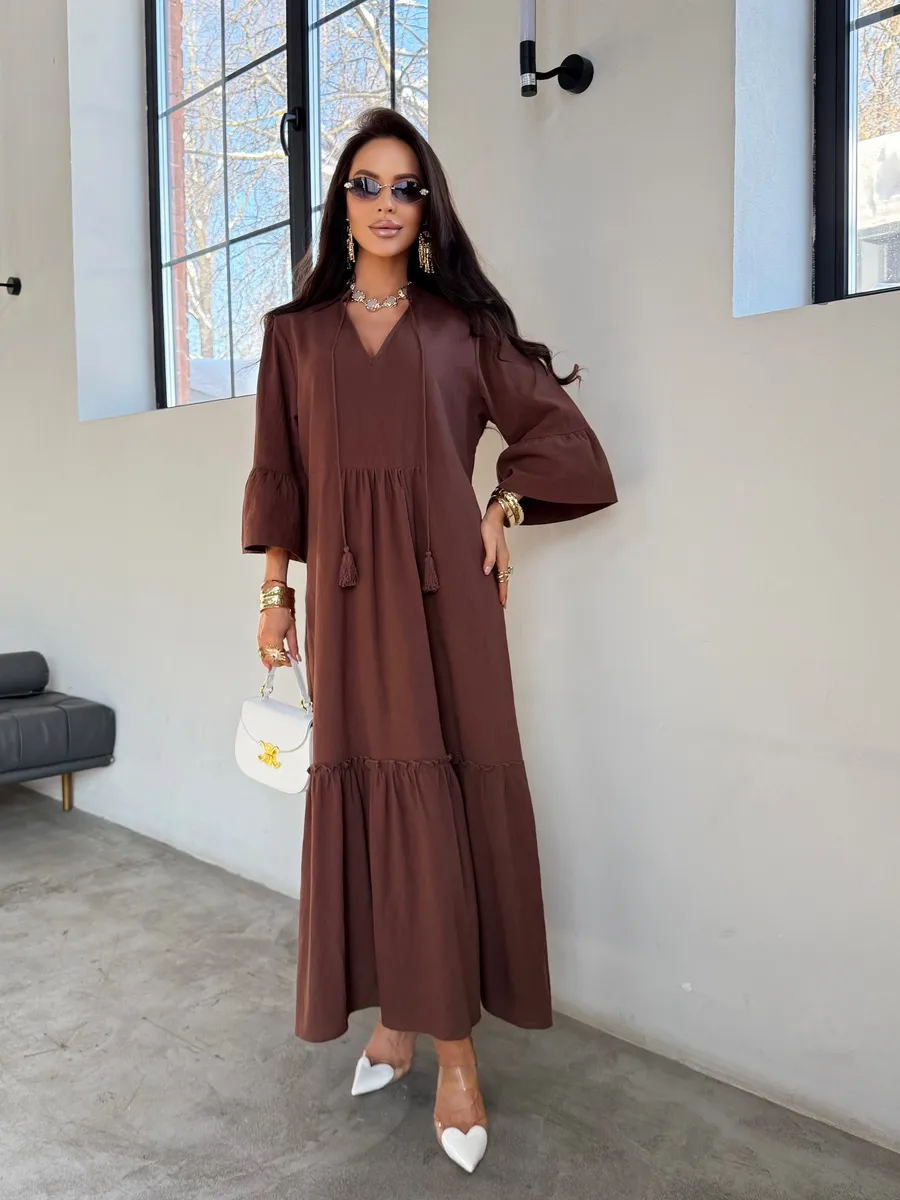 Коричневое летнее длинное платье макси в стиле бохо