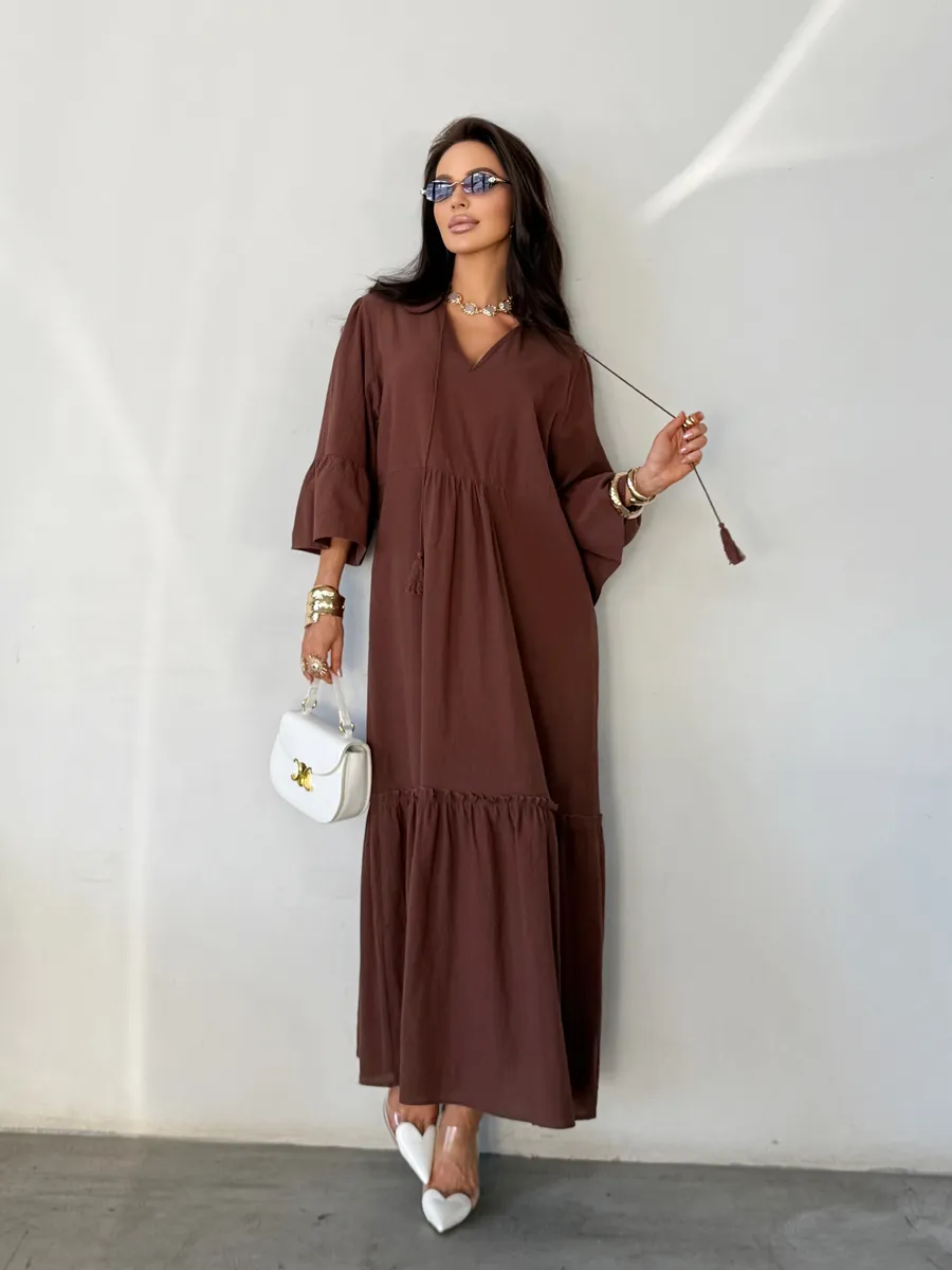 Коричневое летнее длинное платье макси в стиле бохо