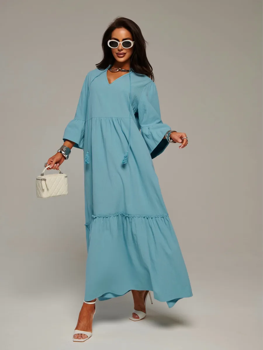 Синее летнее длинное платье макси в стиле бохо