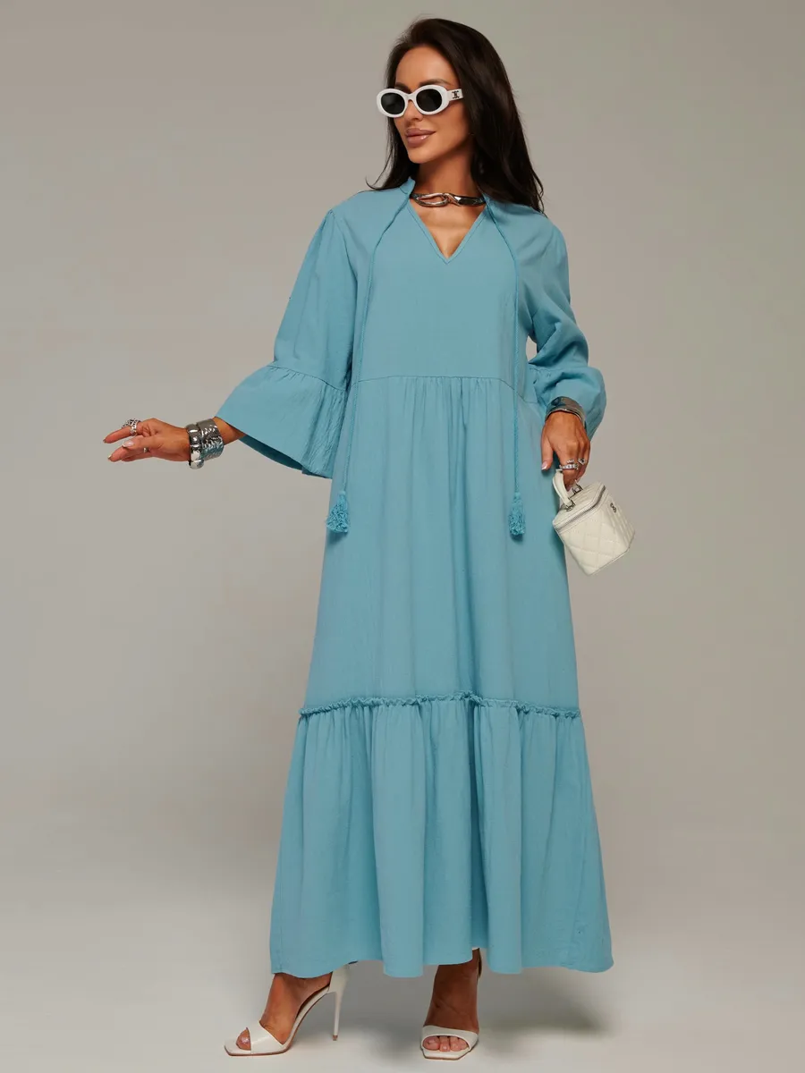 Синее летнее длинное платье макси в стиле бохо