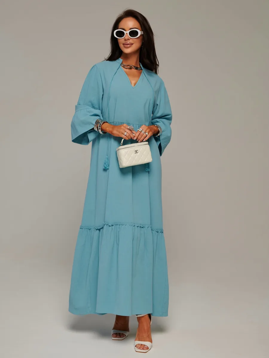 Синее летнее длинное платье макси в стиле бохо