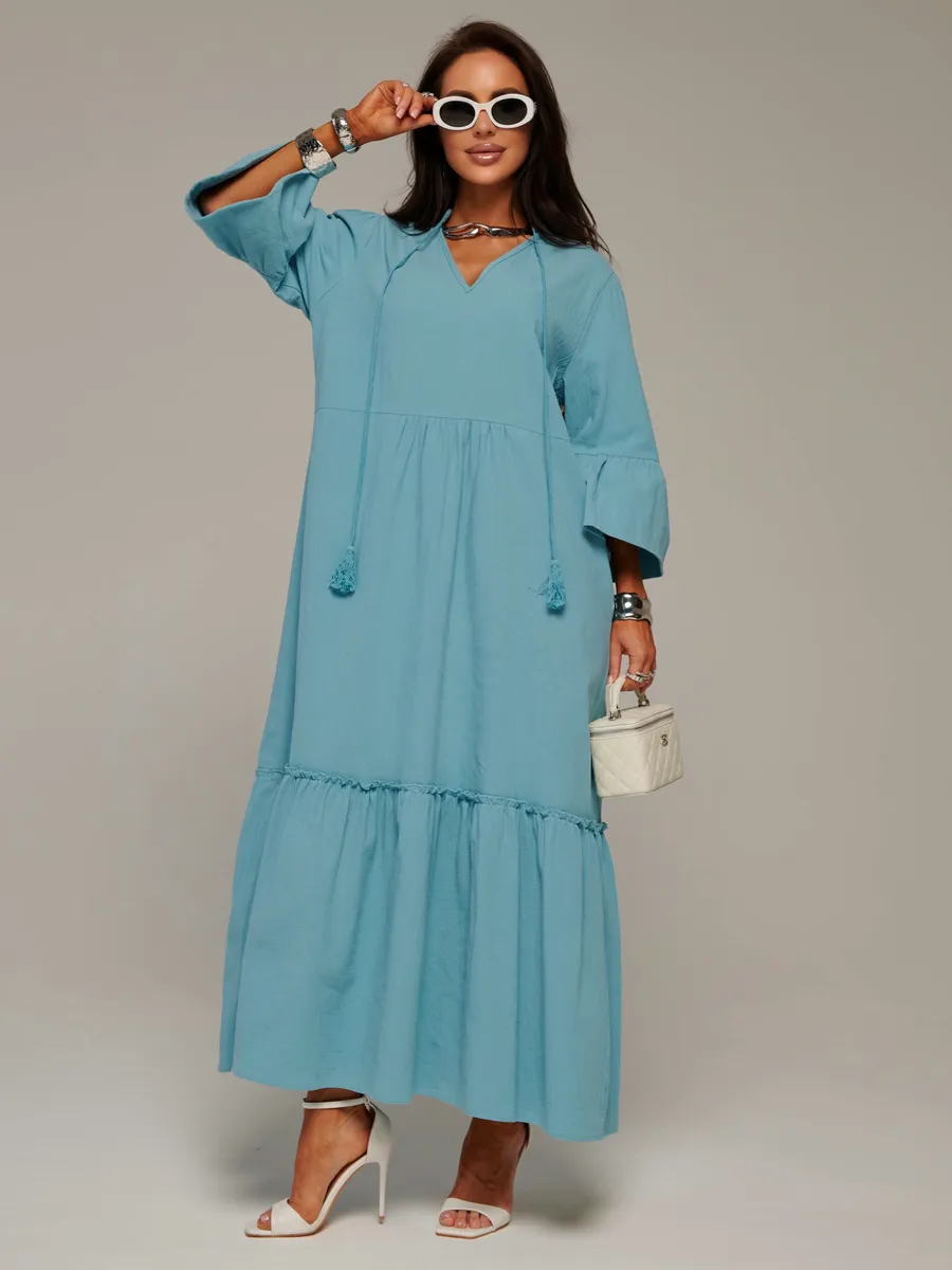 Синее летнее длинное платье макси в стиле бохо