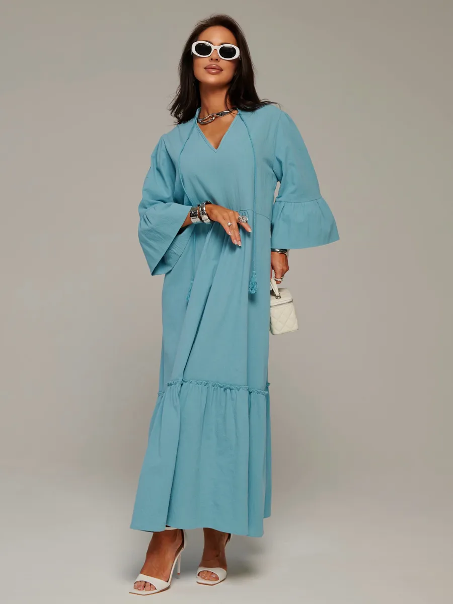 Синее летнее длинное платье макси в стиле бохо