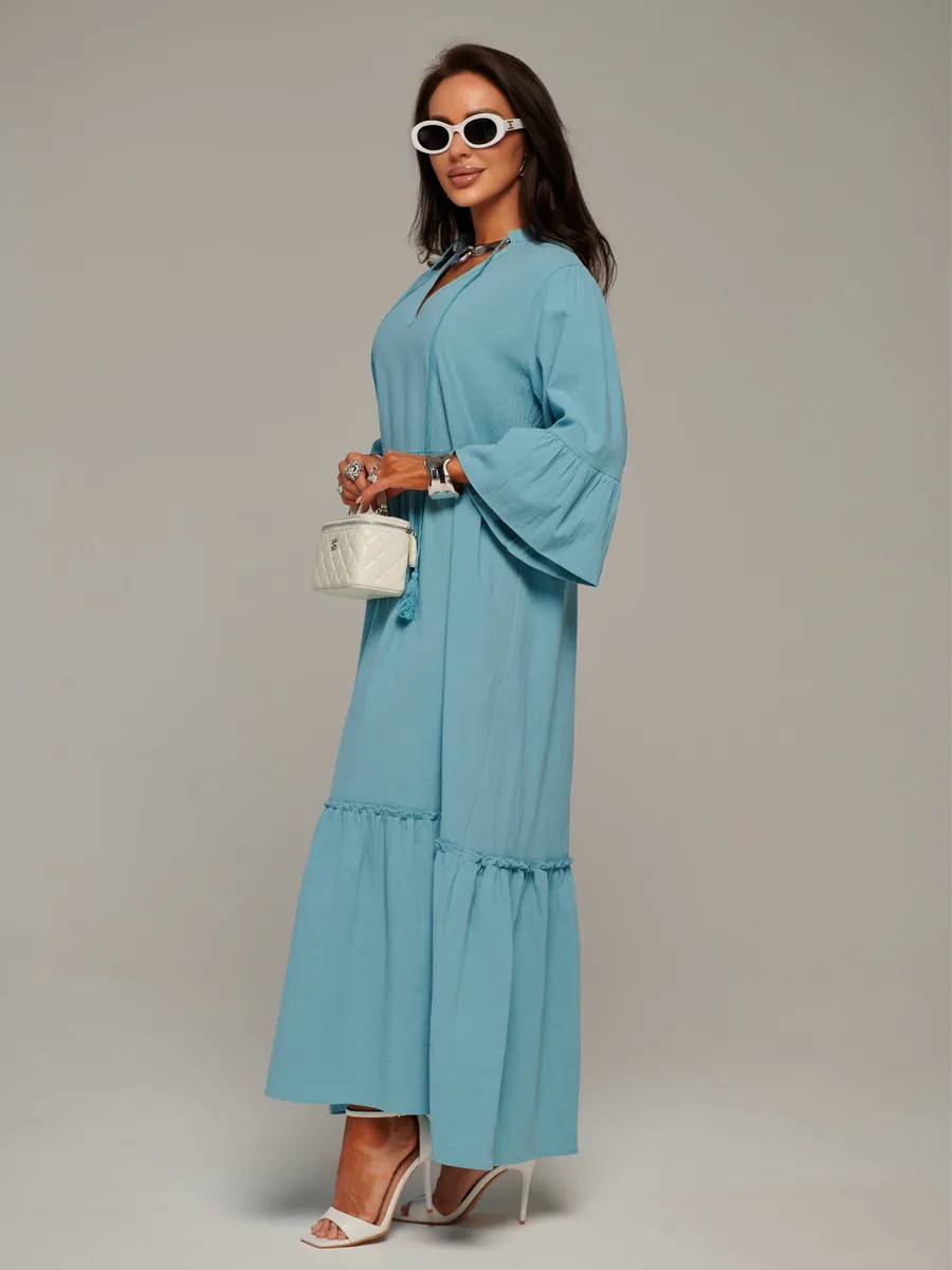 Синее летнее длинное платье макси в стиле бохо