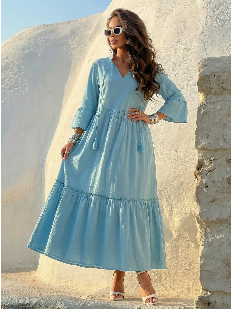 Синее летнее длинное платье макси в стиле бохо