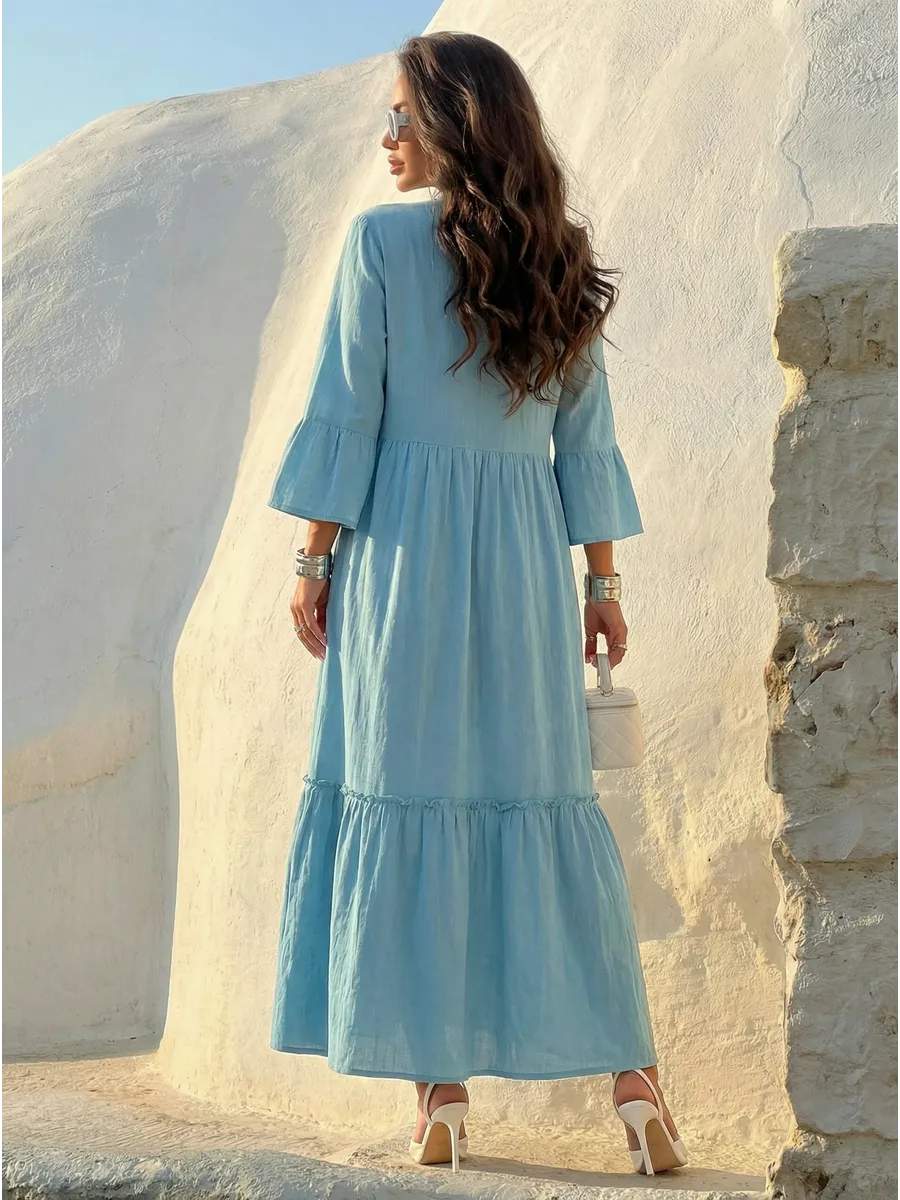 Синее летнее длинное платье макси в стиле бохо