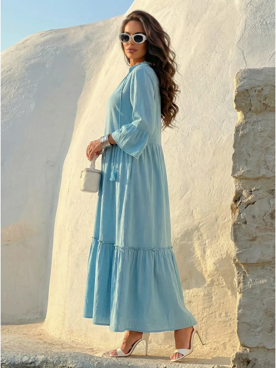 Синее летнее длинное платье макси в стиле бохо