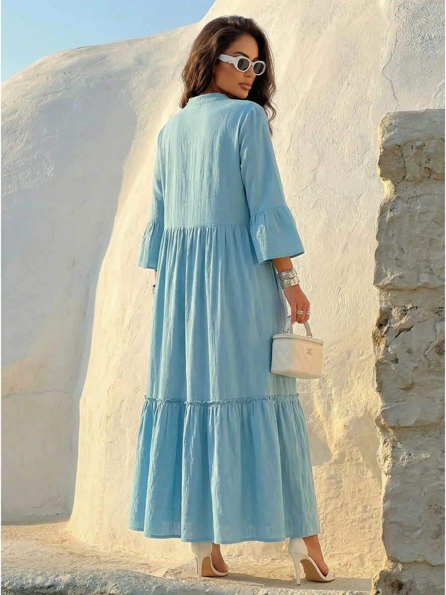 Синее летнее длинное платье макси в стиле бохо