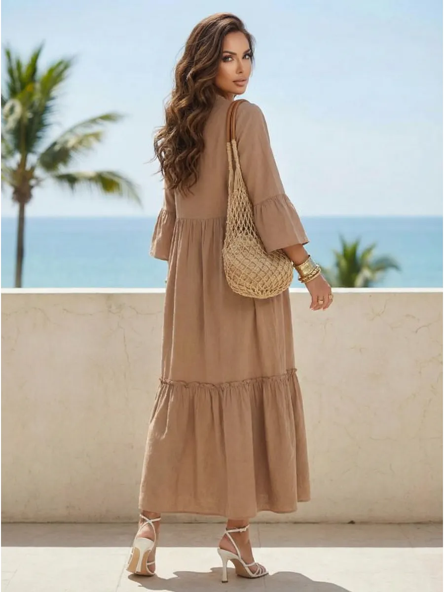 Бежевое летнее длинное платье макси в стиле бохо