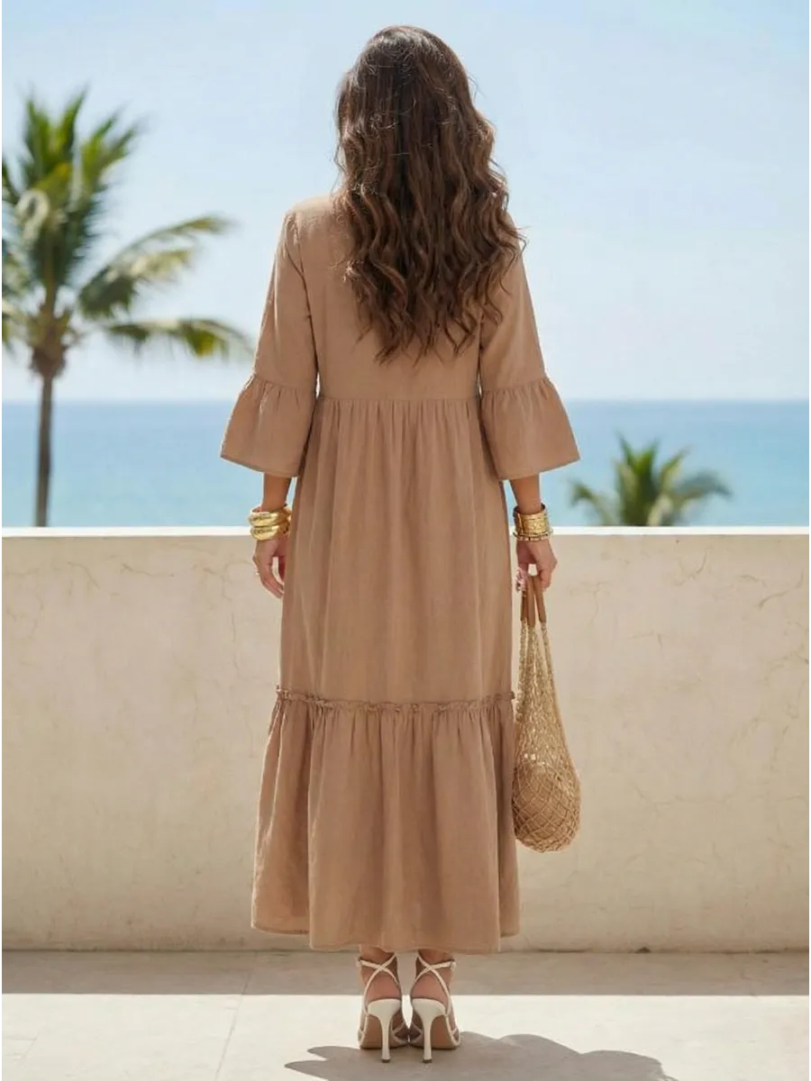 Бежевое летнее длинное платье макси в стиле бохо