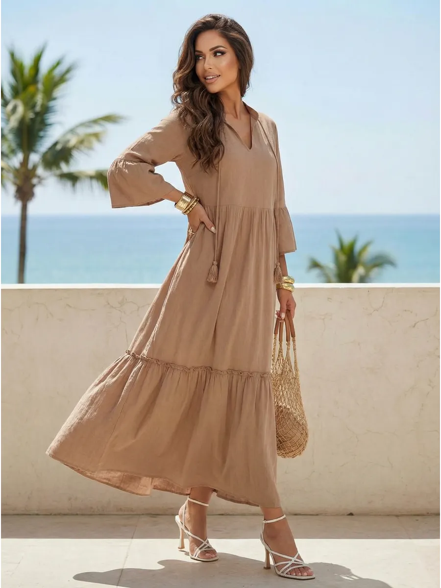 Бежевое летнее длинное платье макси в стиле бохо