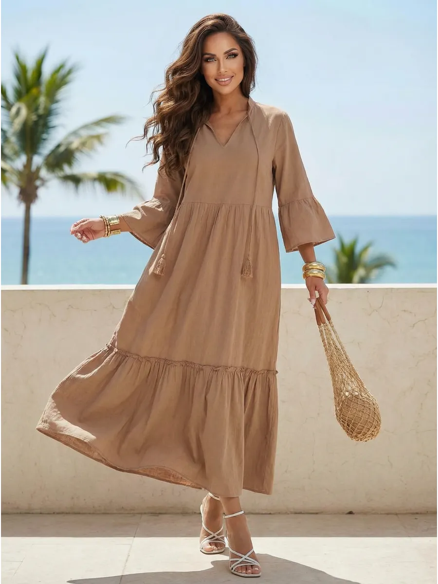 Бежевое летнее длинное платье макси в стиле бохо