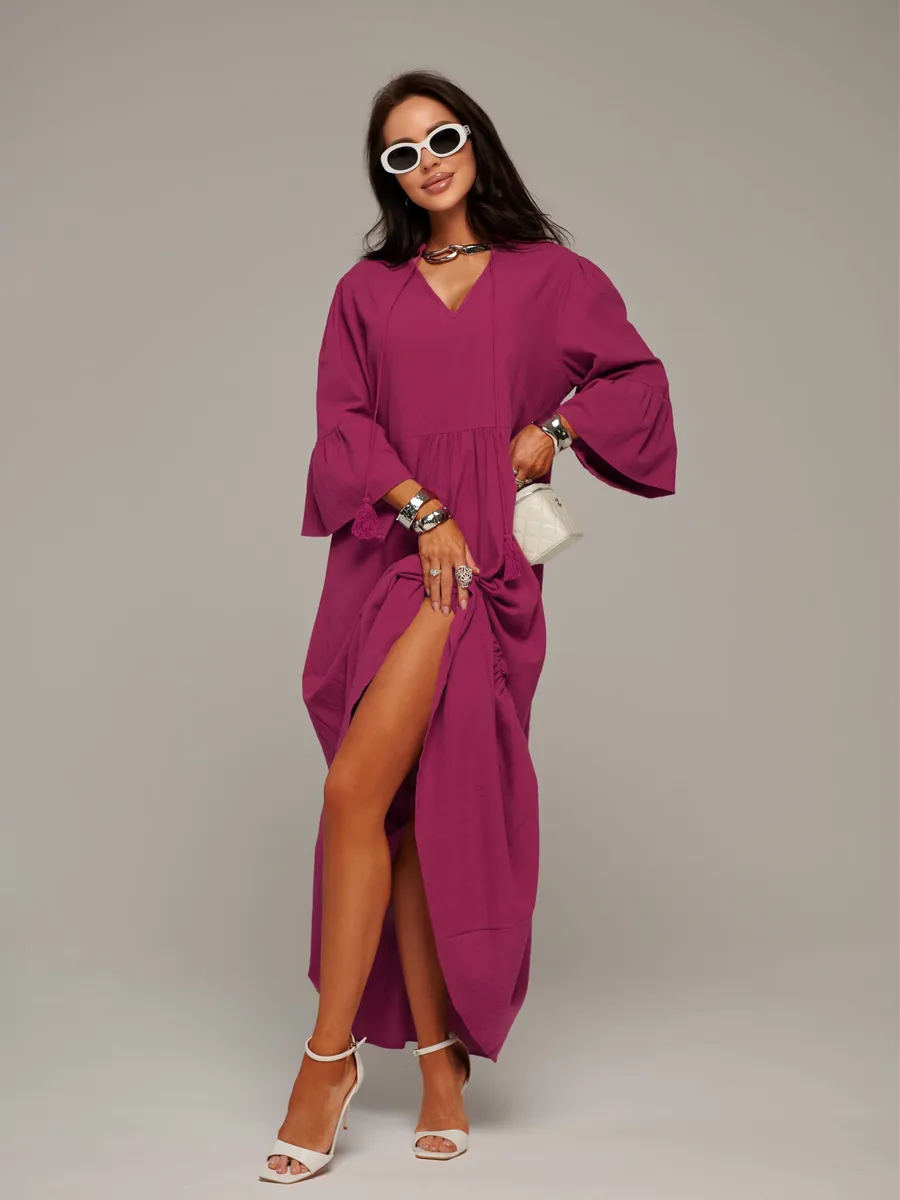 Бордовое летнее длинное платье макси в стиле бохо