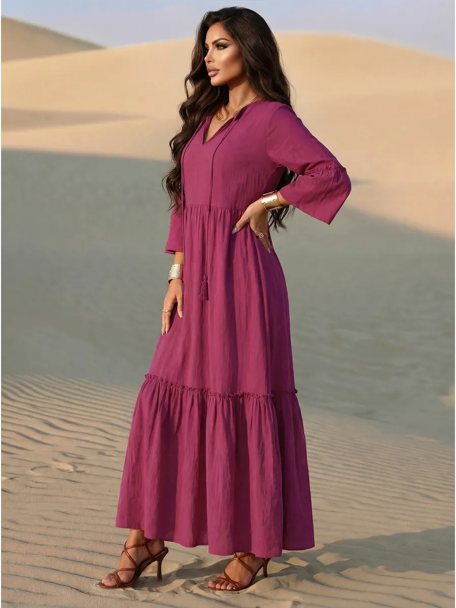 Бордовое летнее длинное платье макси в стиле бохо