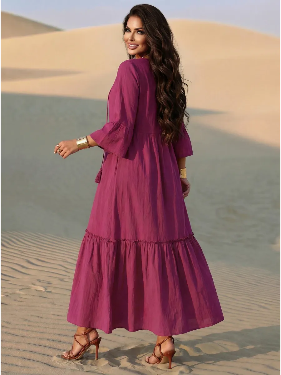 Бордовое летнее длинное платье макси в стиле бохо