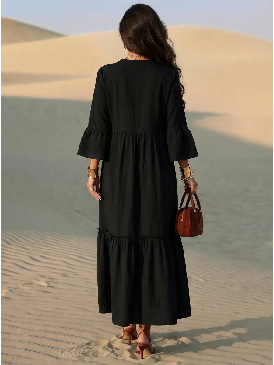 Черное летнее длинное платье макси в стиле бохо