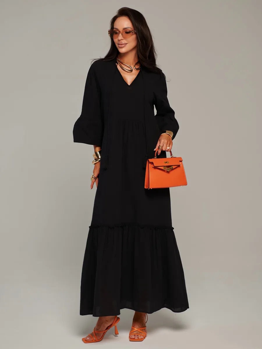 Черное летнее длинное платье макси в стиле бохо