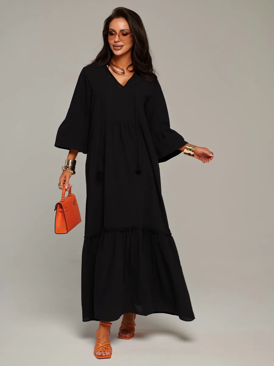 Черное летнее длинное платье макси в стиле бохо