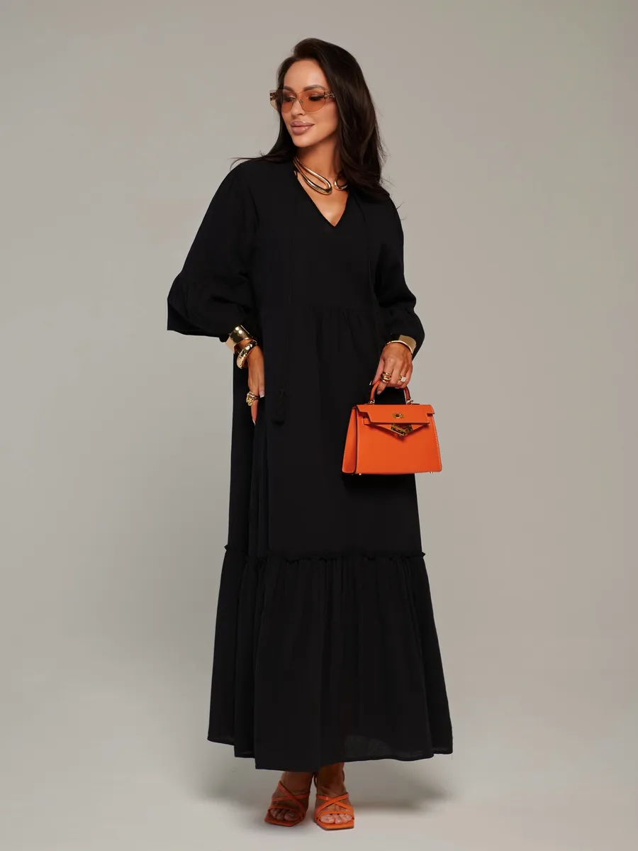 Черное летнее длинное платье макси в стиле бохо