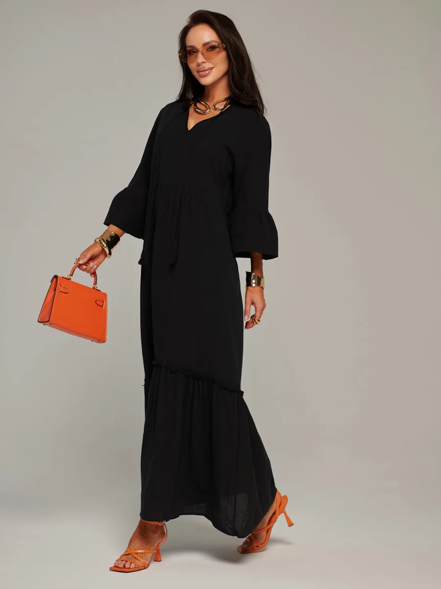 Черное летнее длинное платье макси в стиле бохо