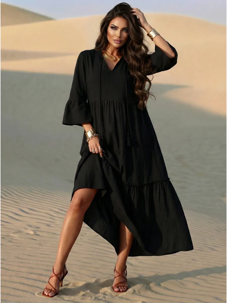 Черное летнее длинное платье макси в стиле бохо