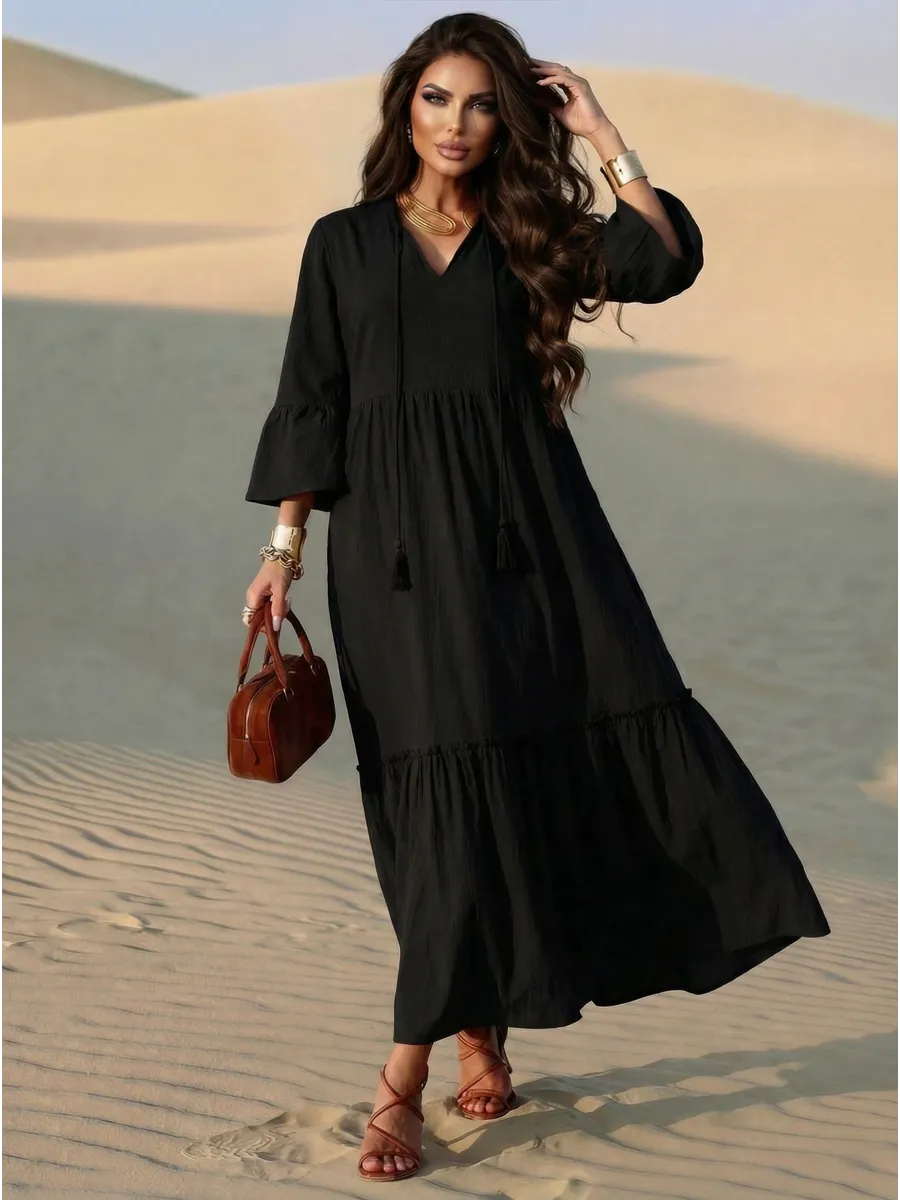 Черное летнее длинное платье макси в стиле бохо