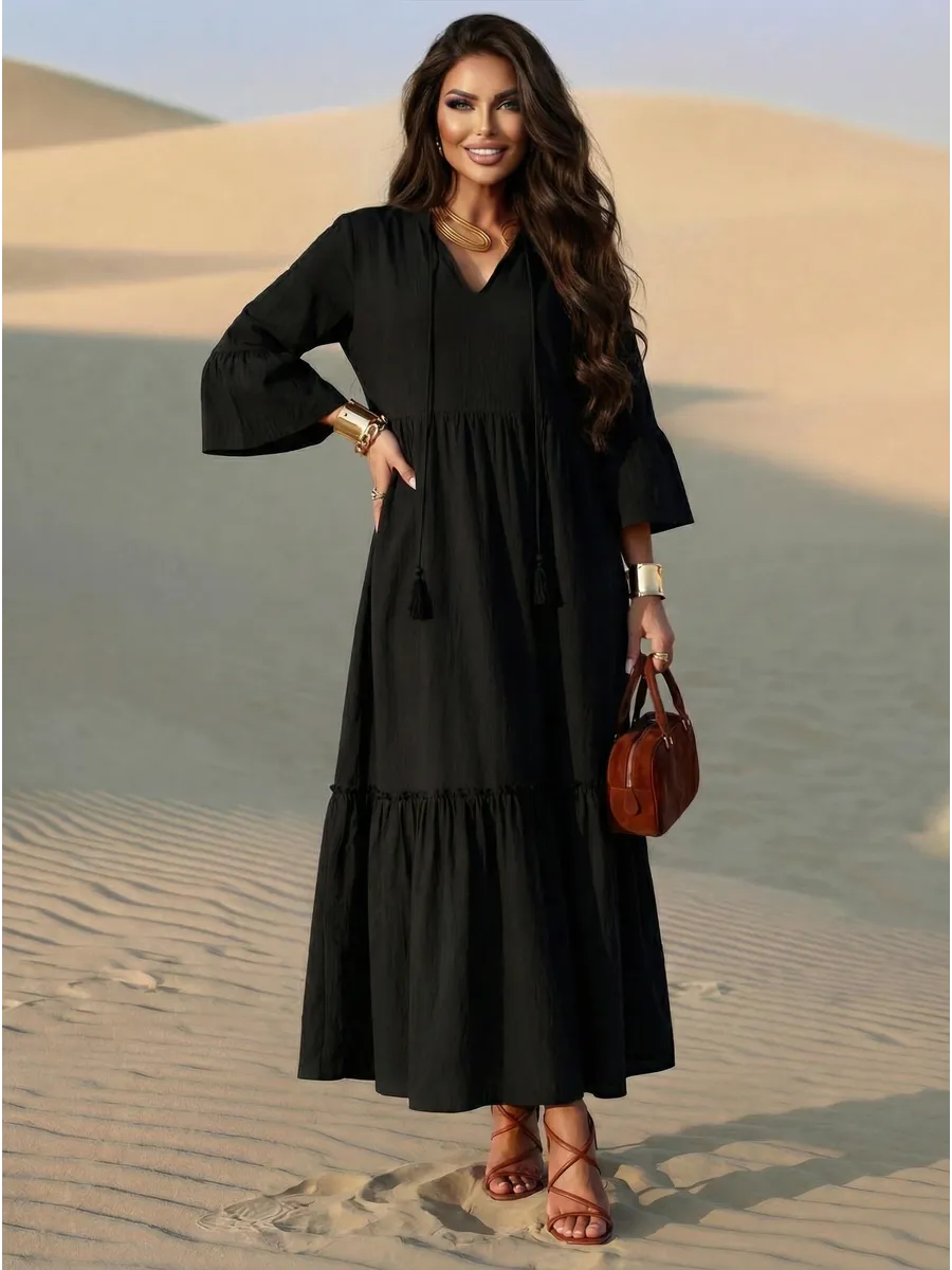 Черное летнее длинное платье макси в стиле бохо