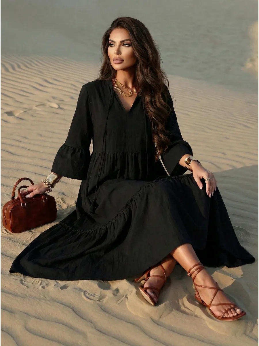 Черное летнее длинное платье макси в стиле бохо